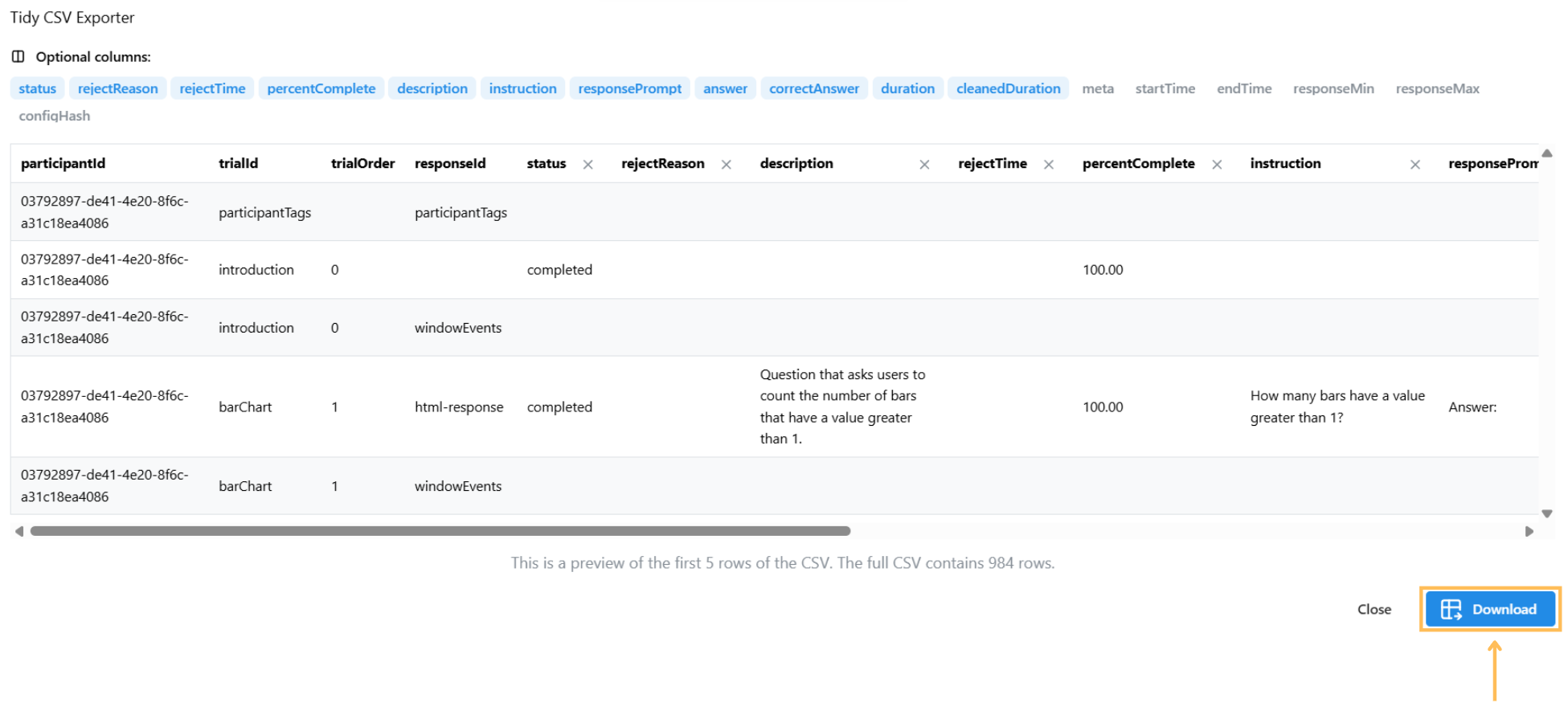 Tidy export CSV explorer