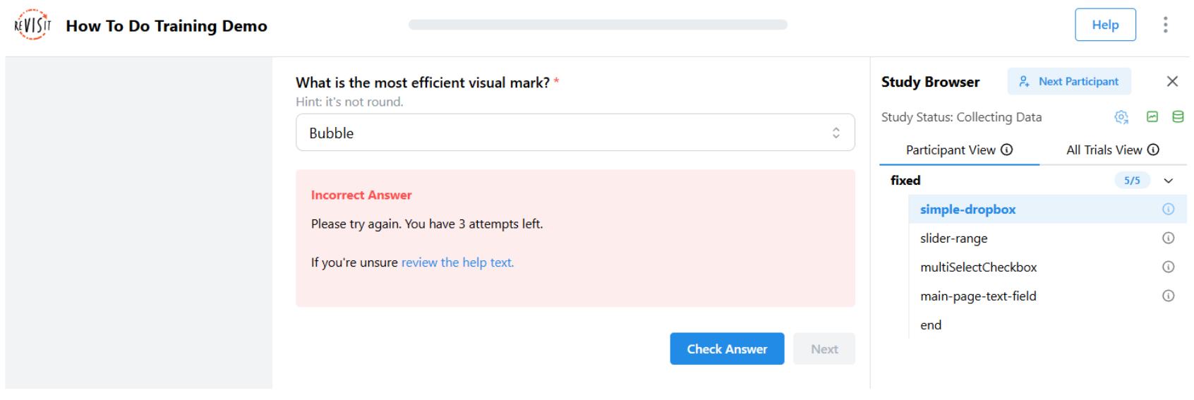 Screenshot of the drop-down box asking about the most efficient visual mark, with an incorrect answer (Bubble). A warning is displayed that the answer is incorrect and the participant has three more attempts.
